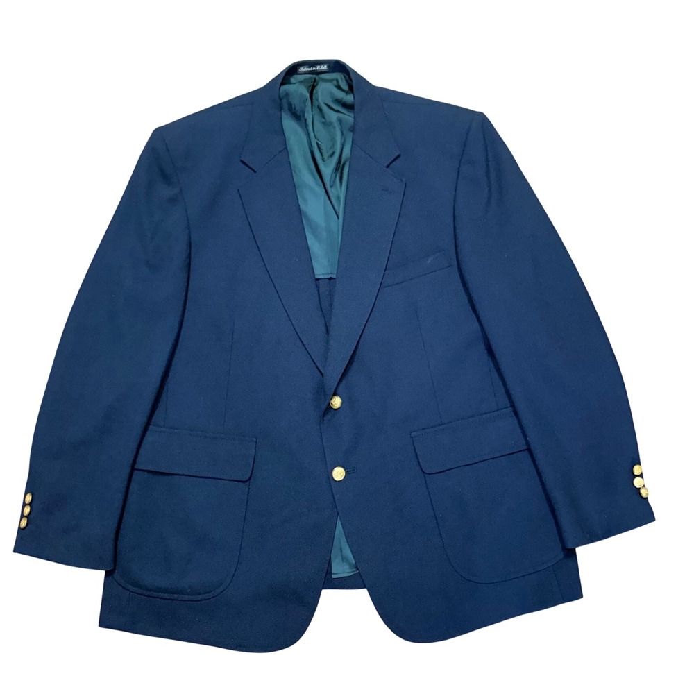 VTG Stafford Mens Navy Blue Hopsack Blazer Gold Buttons USA Made 48R Sport Coat